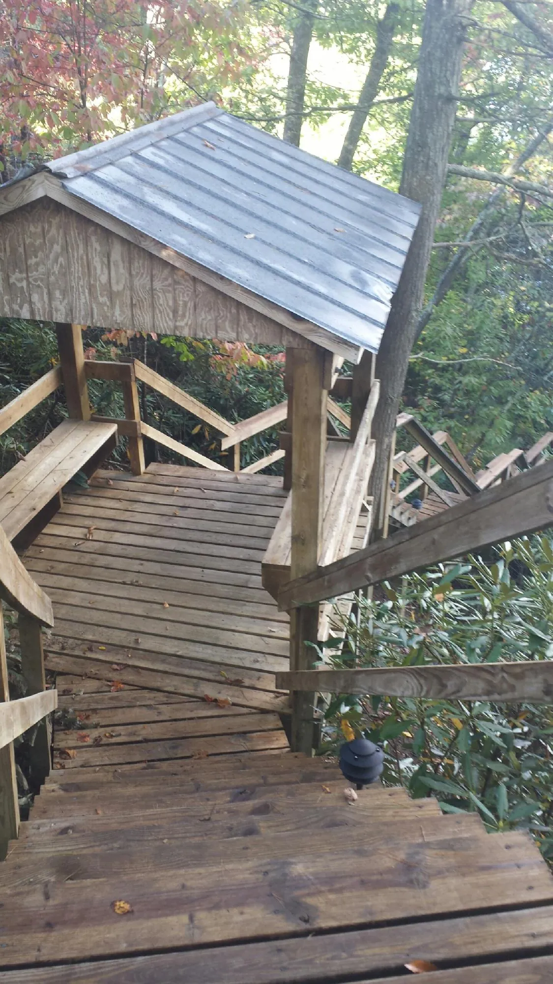Metal roofed shelter over wooden steps on a wooded walkway — Skylight Repair & Installation work by our crew in Craig